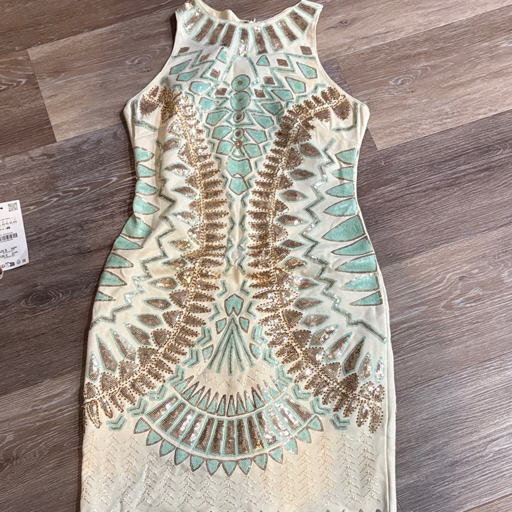 Verty Mint and Gold Sequin Mini Dress